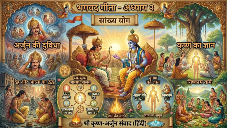 भगवद्गीता अध्याय 2 का रहस्य: आत्मा और कर्म का संपूर्ण ज्ञान Krishna teaching Arjuna Bhagavad Gita Chapter 2 Sankhya Yoga