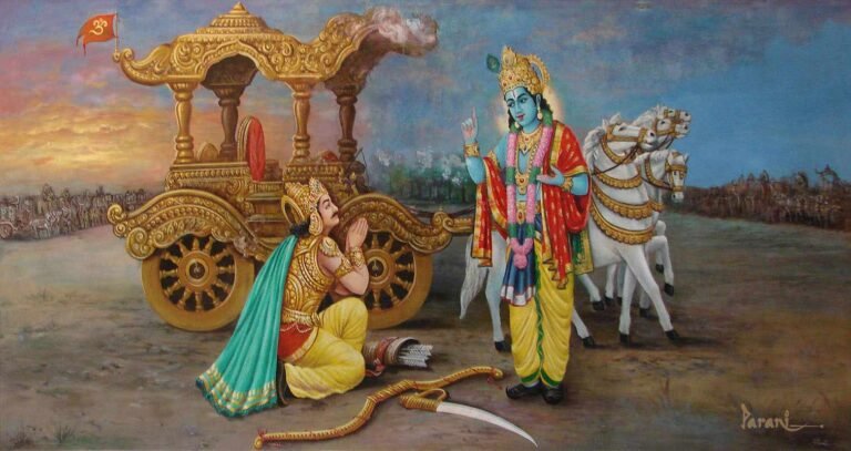 "An artistic illustration of a conflicted warrior (Arjuna) in a chariot, head down, with a calm, glowing, god-like figure (Krishna) beside them, symbolizing guidance in a moment of despair."