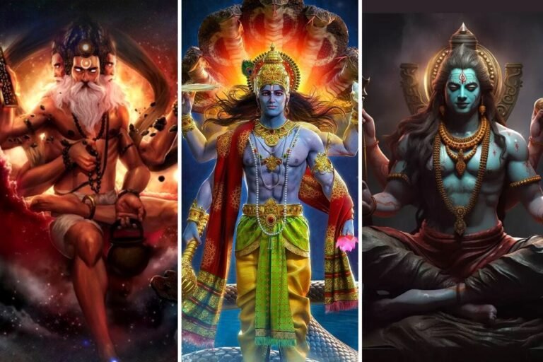 "Vibrant and symbolic artwork representing key figures or themes from Indian mythology, perhaps featuring elements like a sacred lotus, deities, or ancient temple architecture, symbolizing spiritual depth and cultural richness."