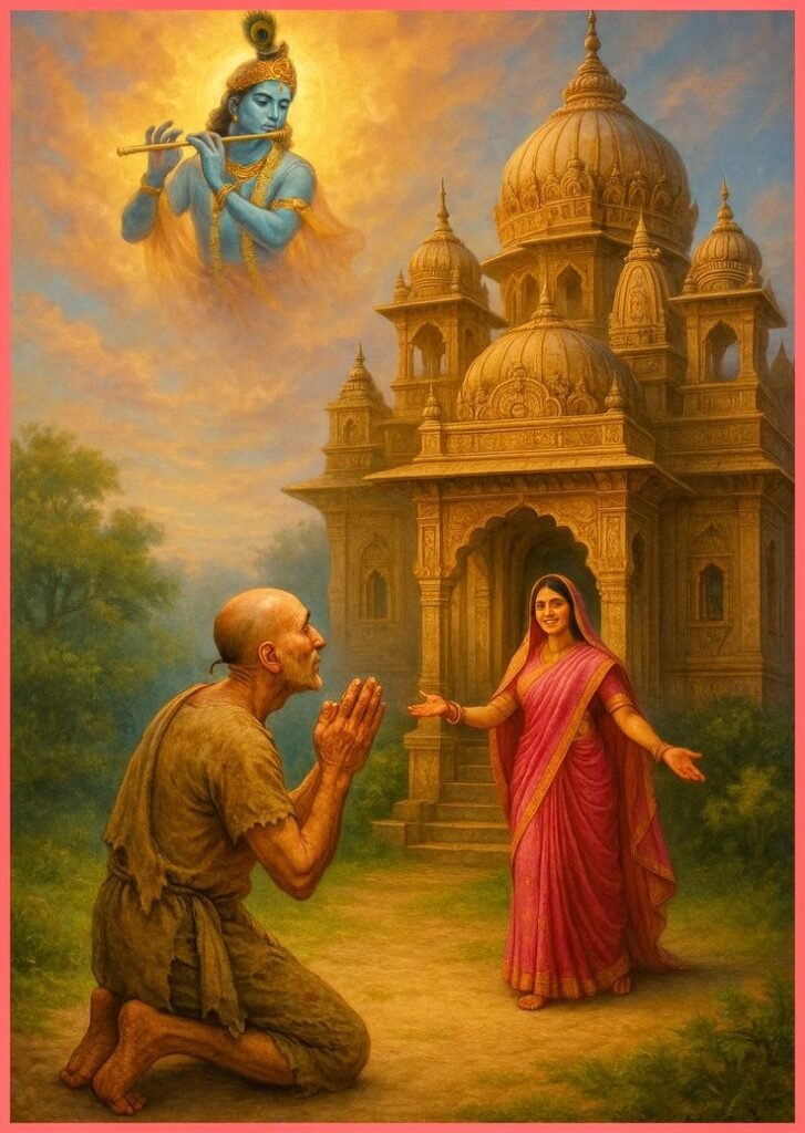 An illustration of Sudama and his wife having a deep conversation in their simple home, the setting for their profound discussion on Pride vs Responsibility and the needs of their family.