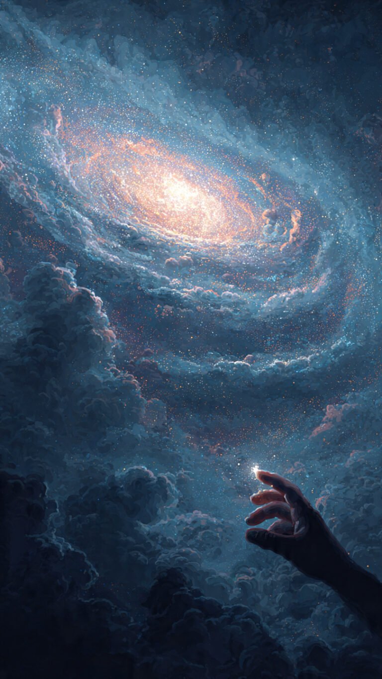 A stylized image blending a scientific galaxy with swirling nebulae and a human hand gently reaching towards a star, symbolizing the connection between scientific understanding and poetic feeling of the universe.