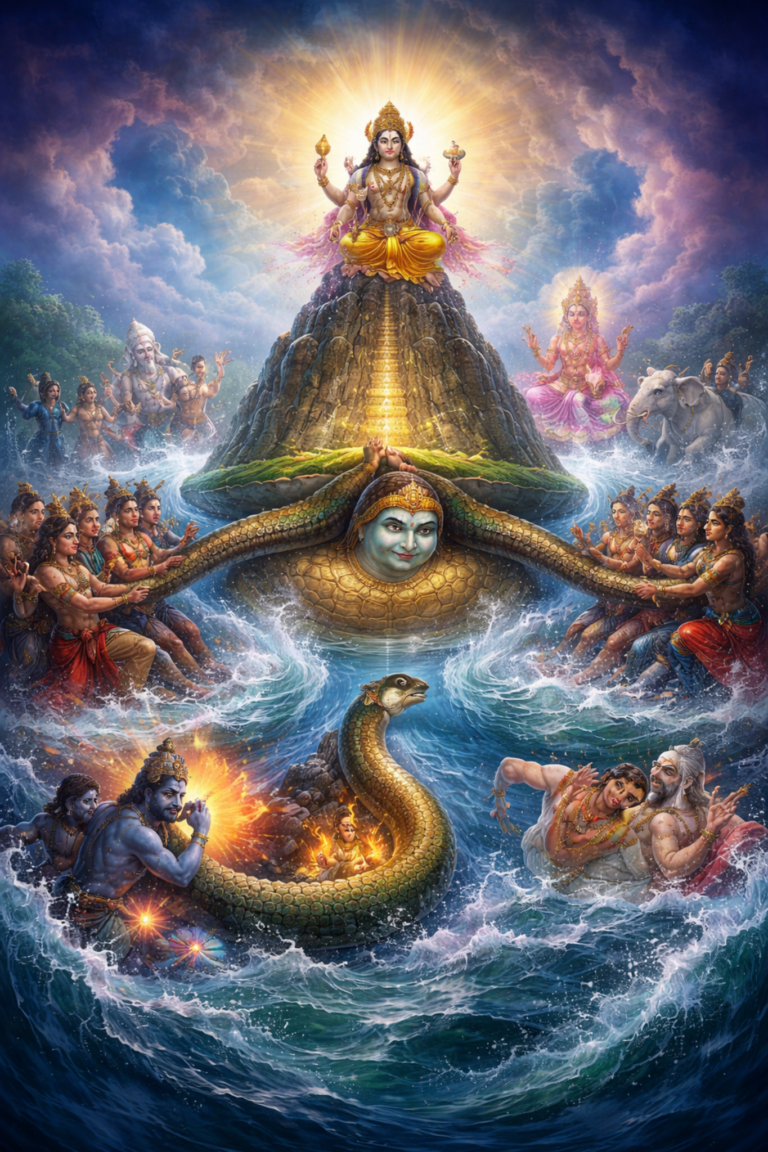 urm Aawtaar Vishnu turtle supporting Samudra Manthan Mount Mandara Vasuki churning ocean