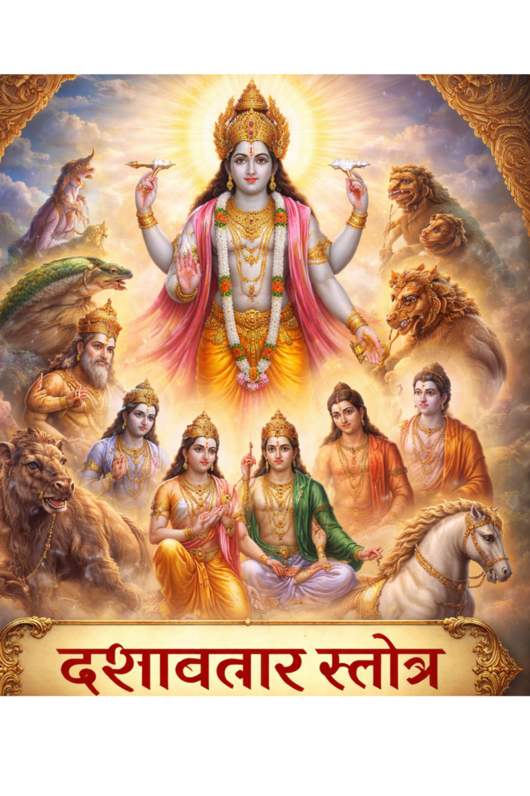 Dashavatara Stotra Lord Vishnu ten avatars Matsya Kurma Varaha Narasimha Vamana Parashurama Rama Krishna Buddha Kalki divine illustration