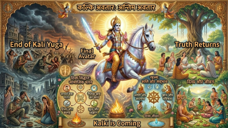 Kalki Avatar on white horse ending Kali Yuga and restoring dharma