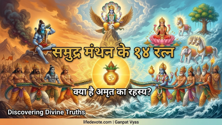 समुद्र मंथन के 14 रत्न केवल एक पौराणिक घटना नहीं है — यह जीवन का दर्शन है। यह हमें सिखाता है कि संघर्ष, संतुलन और त्याग से ही जीवन में अमृत प्राप्त होता है।