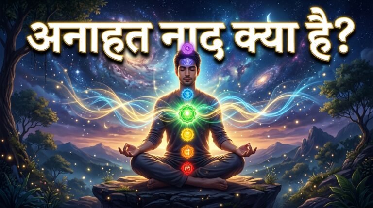 अनाहत नाद क्या है? योगियों द्वारा सुनी जाने वाली दिव्य ध्वनि ध्यानमग्न योगी के भीतर गूँजता अनाहत नाद और दिव्य प्रकाश का आध्यात्मिक चित्र